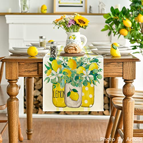 Artoid Mode 13x90 inch Yellow Stripes Table Runner – Lemon Summer Kitchen Dining Decor