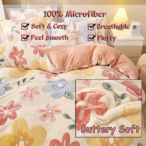 Queen Size Pink Floral Duvet Cover Set, Ultra Soft Faux Fur Bedding