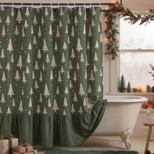 Irenare Christmas Tree Shower Curtain with Ruffle, Green (72x72) Holiday Bath Decor