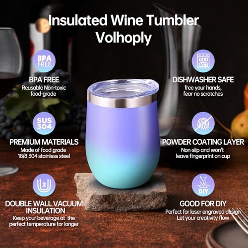 Volhoply 12oz Stainless Steel Wine Tumblers 8-Pack with Purple Blue Lid, Double-Walled Vacuum, Reusable Gift Set