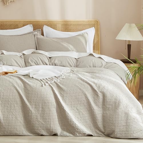 Waffle Weave Duvet Cover Set - Queen Size 3-Piece Honeycomb Bedding