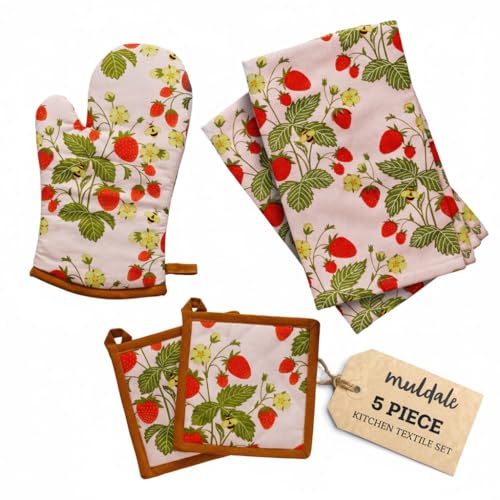 5-Piece Strawberry Kitchen Towel, Oven Mitt, and Pot Holder Set