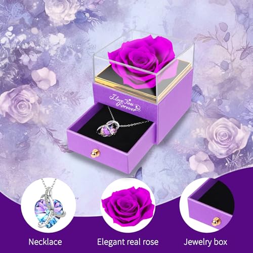 Preserved Purple Rose Gift Set with Necklace for Her