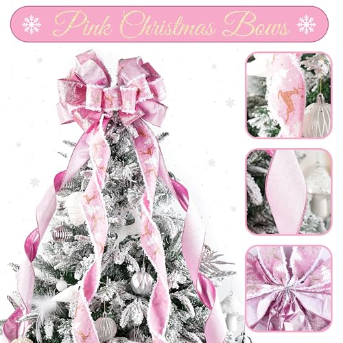 Pink Christmas Tree Topper Bow - 13x53 Inch Large Ribbon Bow with Streamers
