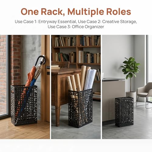 Metal Umbrella Stand for Entryway - Modern Hollow Storage Bin, Black