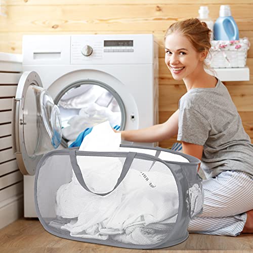 Collapsible Mesh Laundry Hamper with Side Pocket and Reinforced Handles