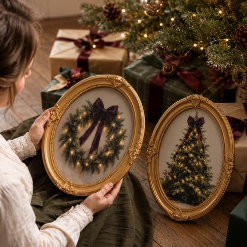 2 Pcs Vintage Gold Framed Wall Art 8x10 Oval Bow & Wreath Set (Pinkunn) - Pre Framed Canvas
