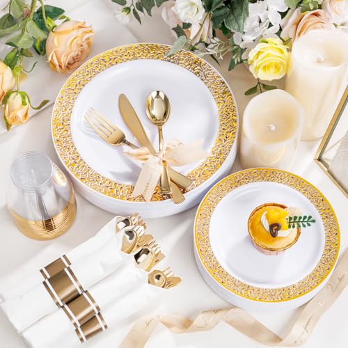 White Gold Disposable Dinnerware Set for 50 Guests - Elegant Plastic Plates and Silverware