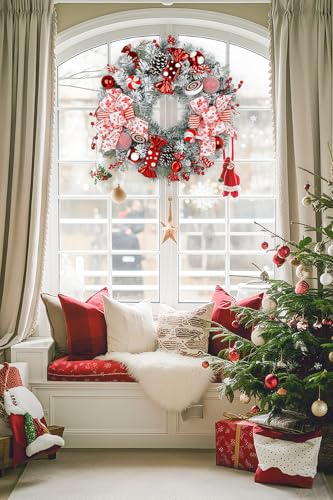 Arborus 24" Artificial Christmas Wreath with Red Candy Accents, Double Ribbon Bows, Pine Cones & Ornaments – White Cedar Base (Variation: Wreath)
