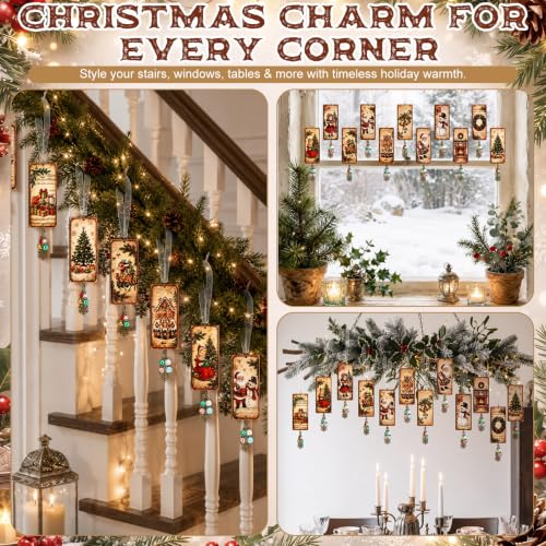 Kigeli 12-Pack Vintage Wooden Christmas Ornaments - Double-Sided Rustic Snowman, Santa, Reindeer & More