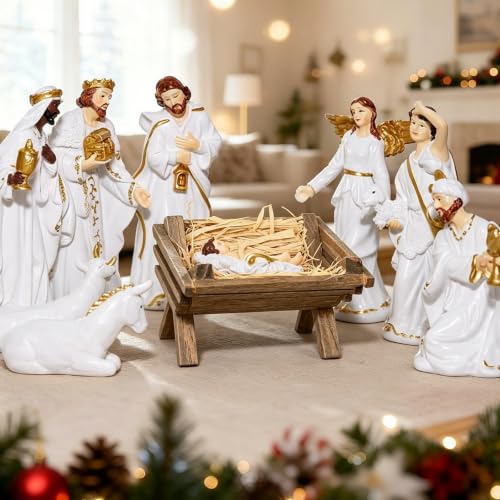 Fangoo 4 Inch Wooden Nativity Manger with Hay - Religious Christmas Decor