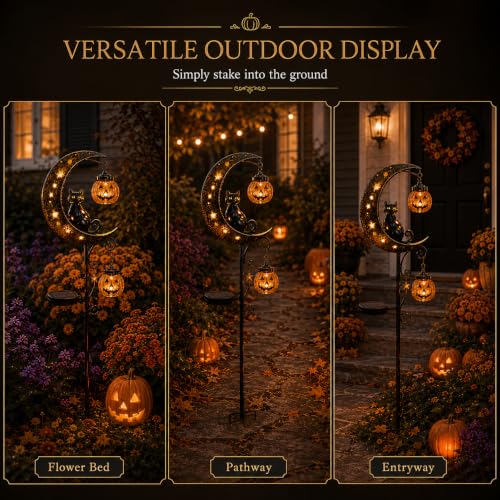 Solar Halloween Black Cat and Pumpkin Moon Garden Stake Light