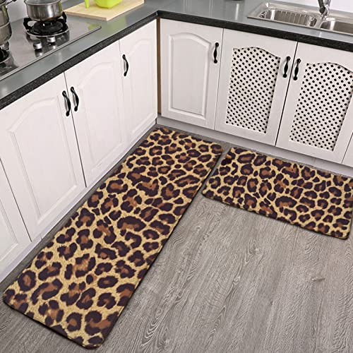 Leopard Print Kitchen Rug Set, 2-Piece Non-Slip Washable Flannel Floor Mats