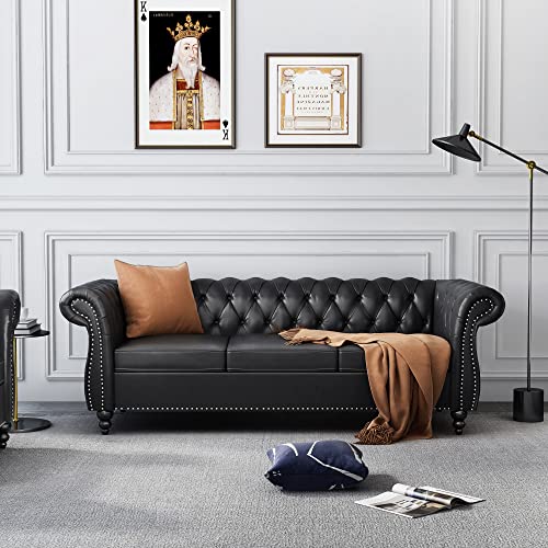 2-Piece Chesterfield Leather Sofa and Chair Set with Nailhead Trim