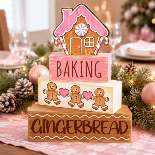 Pink Gingerbread House & Man Christmas Table Decorations Set - Wooden Holiday Centerpieces