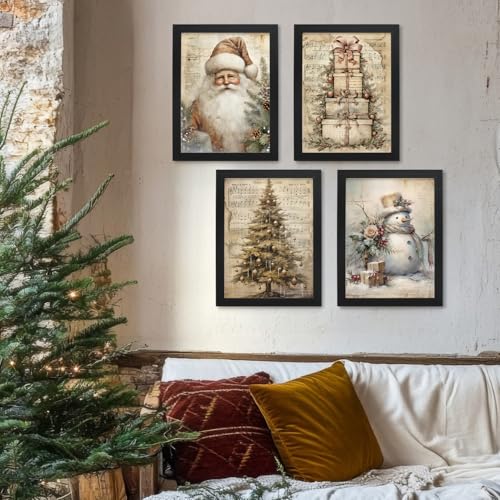 JXREQ 12x16 Vintage Christmas Wall Art Prints, Set of 4 – Santa, Trees & Snowman, Unframed