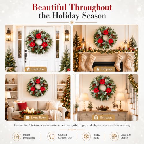 Hoobalon 28 Inch Frosted Red Magnolia Christmas Wreath for Front Door