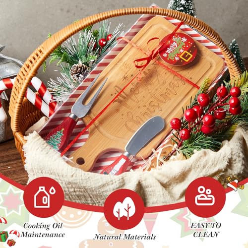 Christmas Cheese Board and Knife Set - Square Mini Wooden Serving Tray with Holiday Design - 2 Pack
