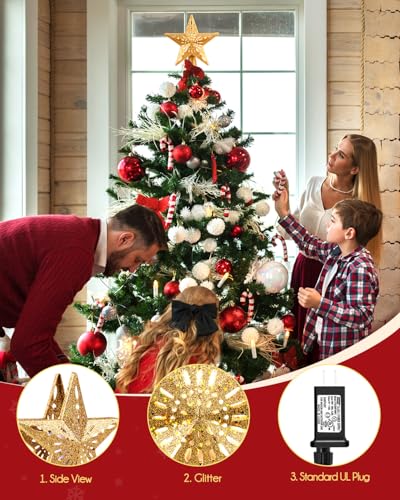Christmas Star Tree Topper with LED Snowflake Projector Light, 10-Inch