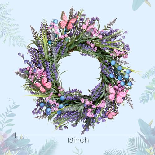 18-Inch Lavender Wreath with Butterflies and Berries for Front Door Decor