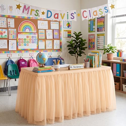 Tioncy Champagne Tulle Desk Skirt for Teacher & Classroom Tables - 6 ft x 30 in