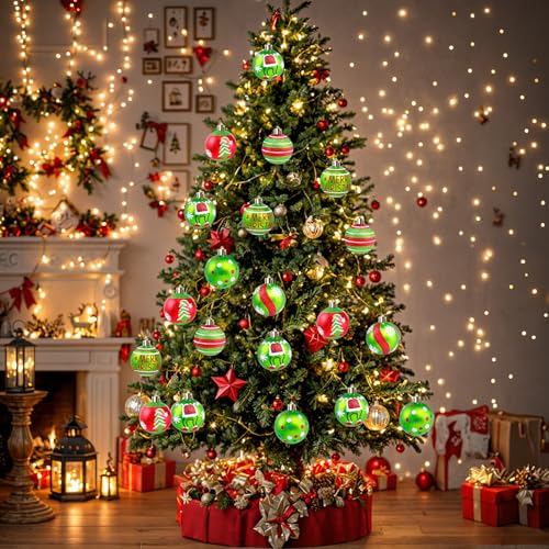 MEMOVAN Elf Christmas Ball Ornaments 2.4 inch Red & Green 12pcs—Shatterproof Candy Cane Elf Baubles