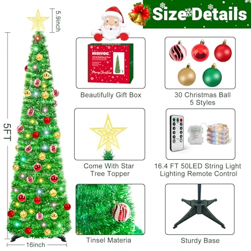 HISFFOG 5ft Prelit Green Tinsel Artificial Christmas Tree with 8 Light Modes & Remote
