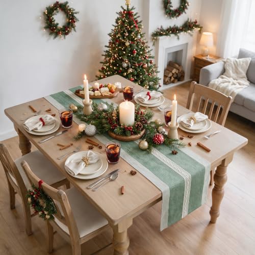 Artoid Mode 13" x 108" Green Braided Rustic Chenille Table Runner – Christmas Embroidered Home Kitchen Decor