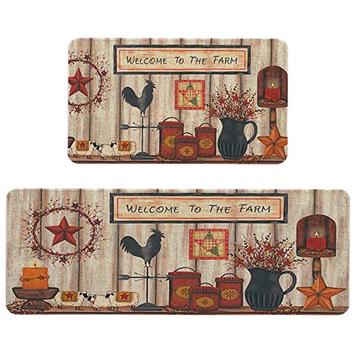 Farmhouse Rooster Kitchen Mat Set - Non-Slip Rustic Floor Rugs (2 Pack)