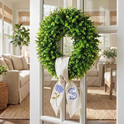 Monogram Wreath Sash for Front Door Embroidered Letter S Hydrangea