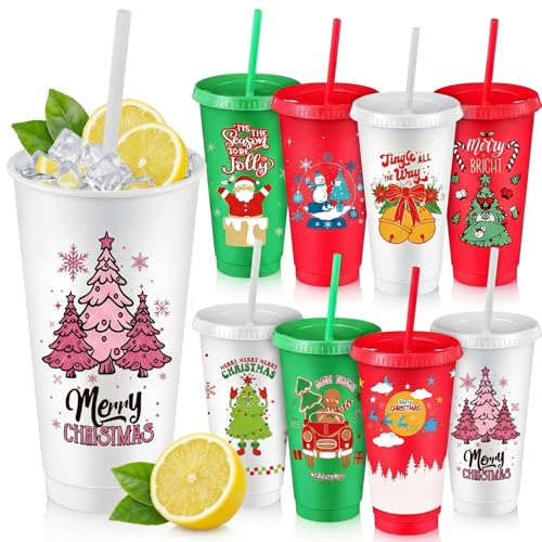 24 Pack Reusable Christmas Tumblers with Lids & Straws, 24oz Holiday Party Cups