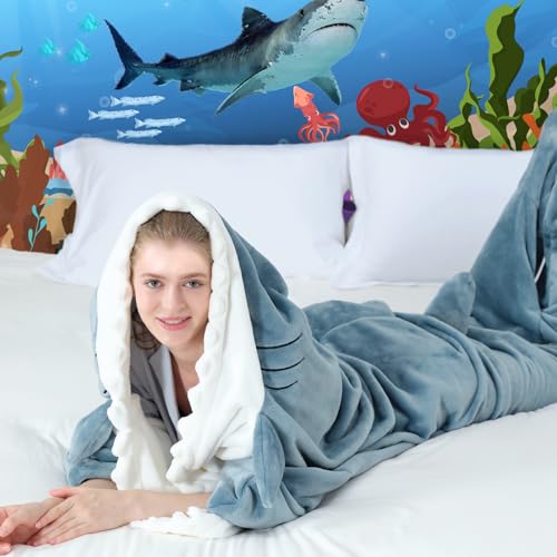 Soft Shark Wearable Blanket Hoodie - Cozy Flannel Shark Sleeping Bag