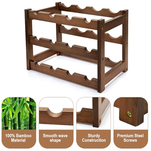 3-Tier Bamboo Wine Rack - 12 Bottle Countertop Storage Holder, Walnut