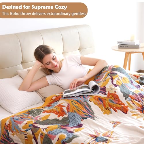 Boho Cotton Throw Blanket 50x60, Soft Breathable Farmhouse Bed & Couch Quilt