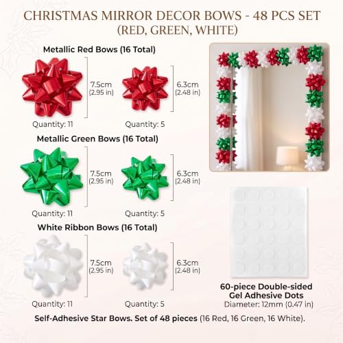 Christmas Mirror Bows Set 48 Pcs - Red, Green & White Self-Adhesive 2 Sizes