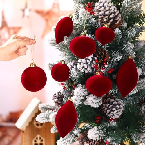Red Velvet Christmas Ball Ornaments 12Pcs Glass Flocked Decorative Ornaments