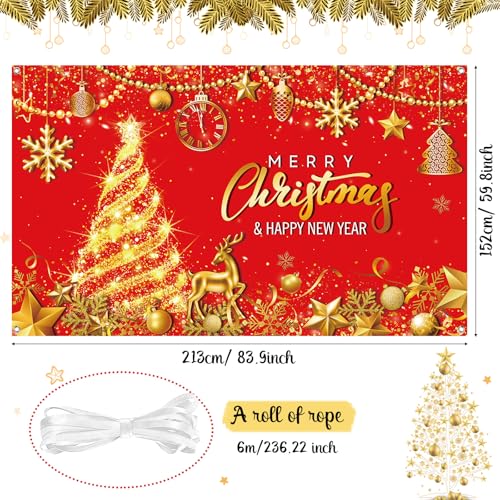Tiamon Merry Christmas Backdrop 72.8 x 43.3 in Red Gold with White Rope