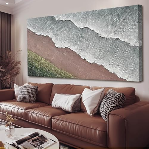 Large Abstract Green and White Canvas Wall Art, 29" x 58" Beach Decor