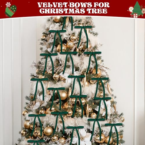Babycop Dark Green Velvet Bows for Christmas Tree - 24 Pack Holiday Ornaments