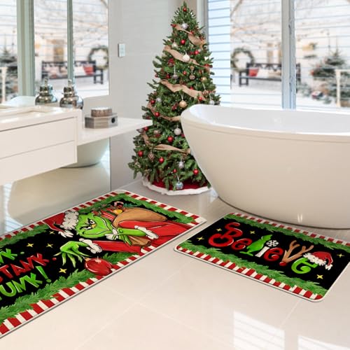 Green Believe Christmas Kitchen Rugs Set of 2 - Non-Slip Holiday Doormats