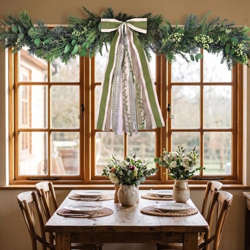 Large Farmhouse Burlap Wreath Bow with Clip - Green Leaves Ribbon