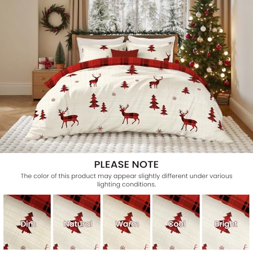 Nayoroom Red Reindeer Christmas Duvet Cover King Size Reversible Holiday Bedding Set - 3 Pieces
