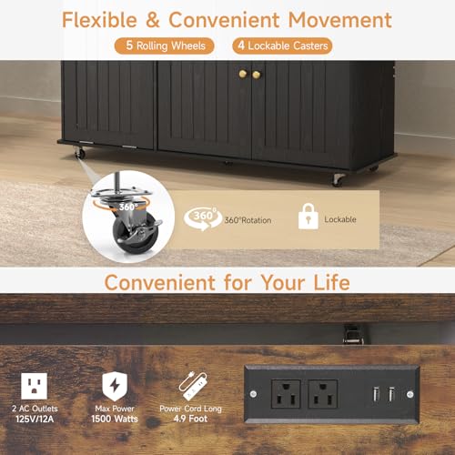 Rolling Kitchen Island Cart with Drop Leaf, Power Outlet & Trash Can Storage
