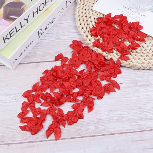 Loomesh Red Mini Bow Ribbons 1" Premade Small Craft Bows for Decorations (Pack of 100)