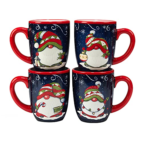 Holiday Magic Gnomes Ceramic Mug Set of 4 16 oz. Christmas Themed Drinkware
