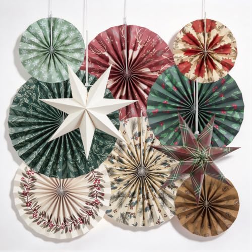 10 Pcs Christmas Hanging Decorations, Paper Fans and Star Lanterns,