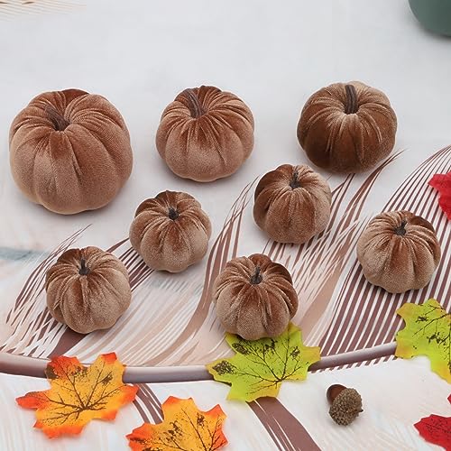 8-Piece Artificial Velvet Pumpkin Set, Brown & Champagne Fabric Fall Decor