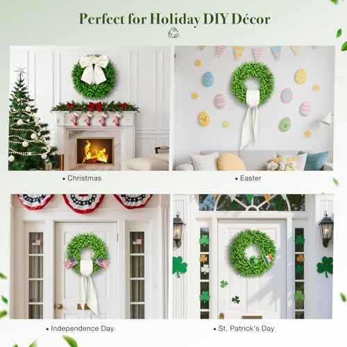 24-Inch UV-Resistant Boxwood Wreath for Front Door with Decorative Sash