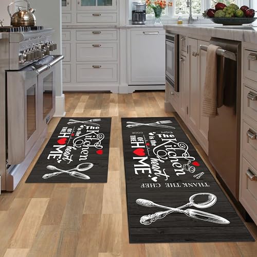 2-Piece Farmhouse Kitchen Rug Set, Black and White Rustic Floor Mats