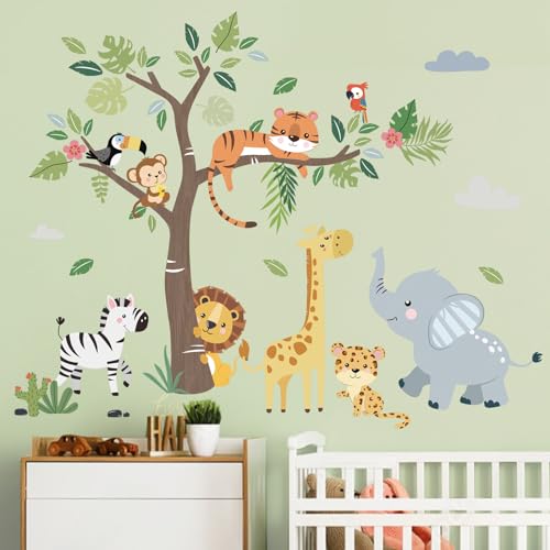 Jungle Animals and Tree Wall Decals for Nursery Kids Room Decor